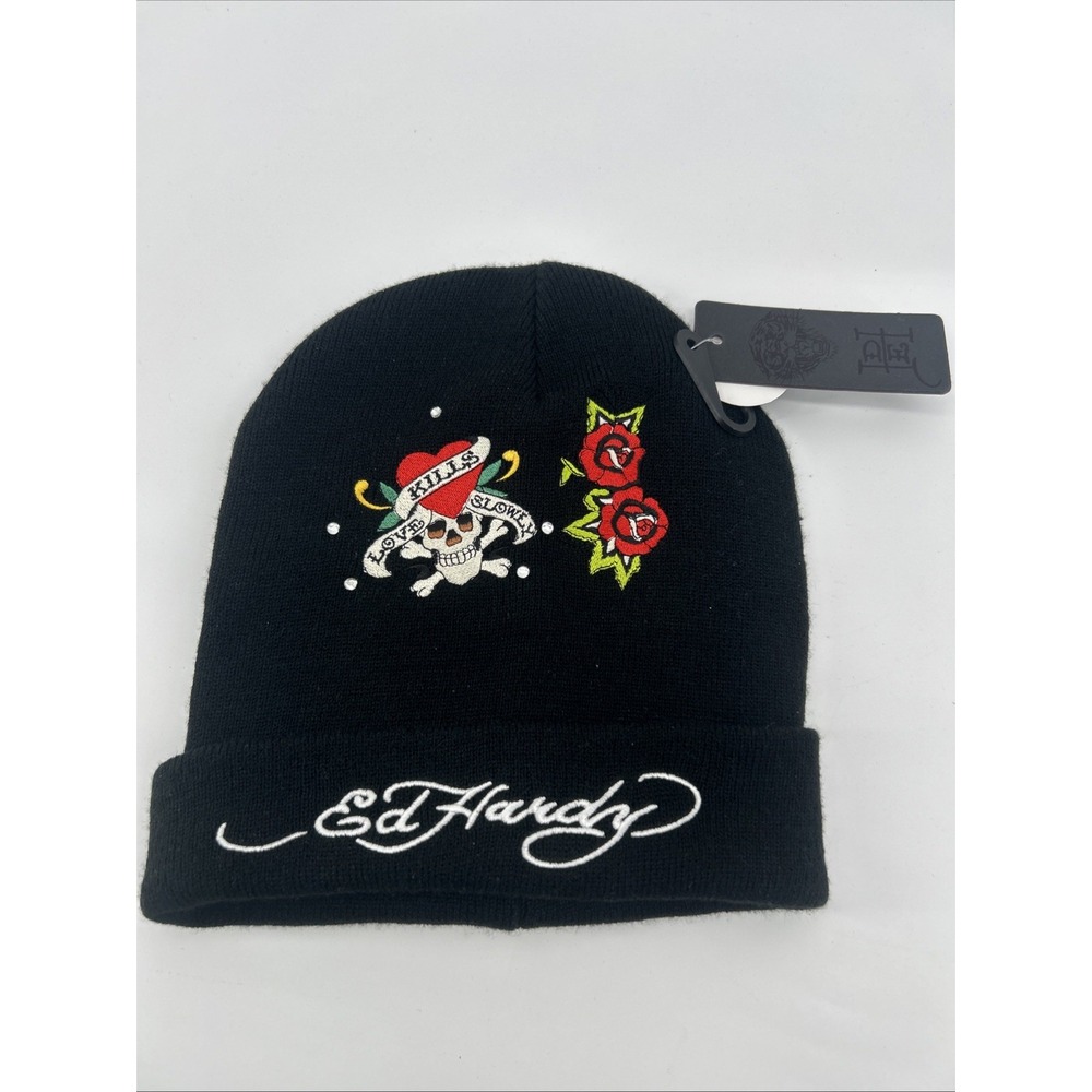 NWT Ed Hardy Black Beanie Hat Embroidered Skull & Roses Love Kills Slowly